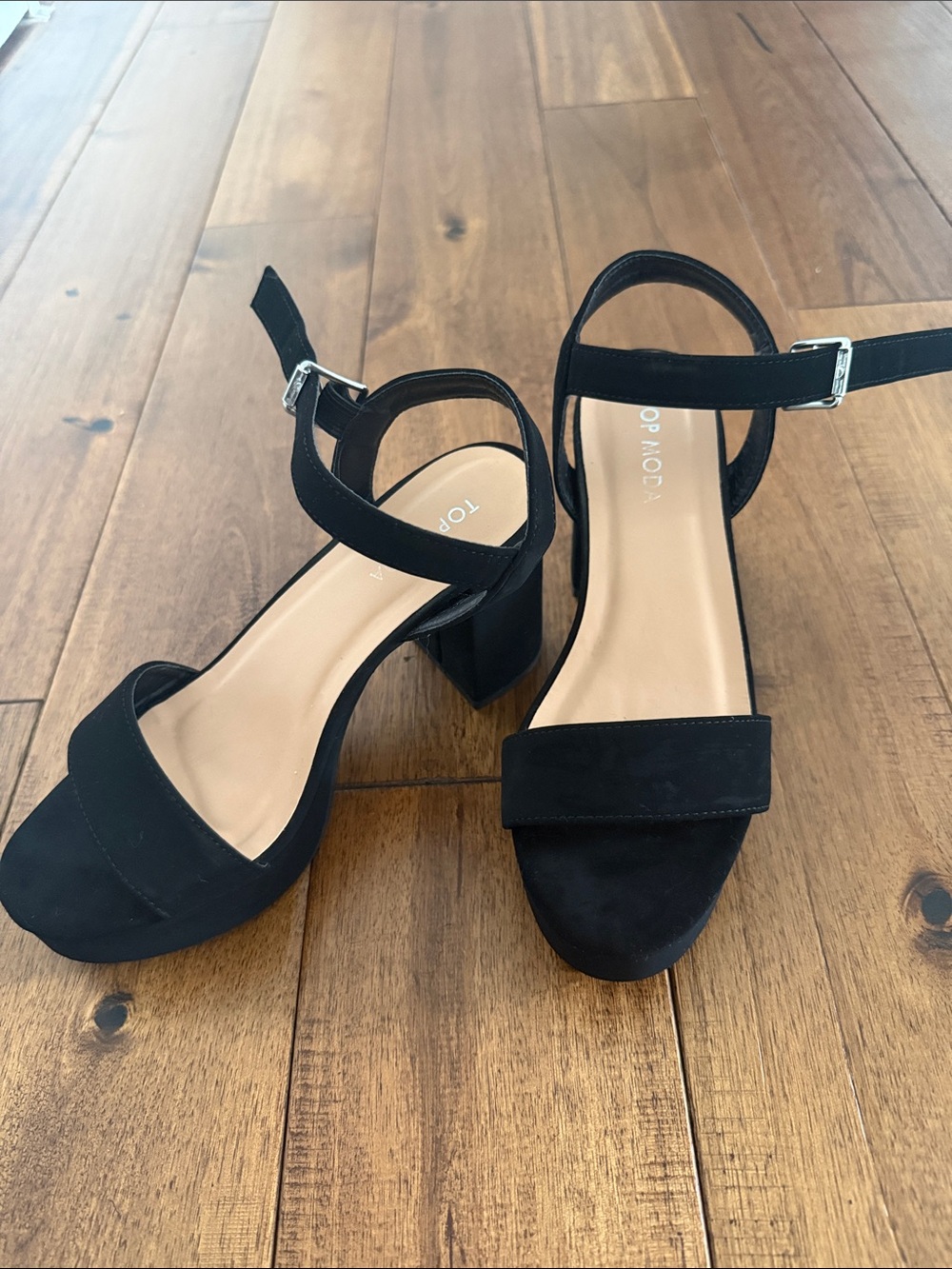 TOP Moda Black Suede Block Heel Ankle-Strap Sandals